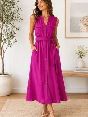 NWT XL Fuchsia Pink Belted Button Front Midi Dress Sleeveless 48” Long petite xl